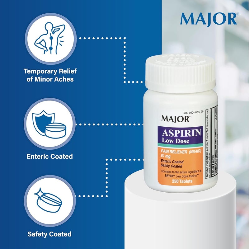 MAJOR Aspirin Low Dose 81 Mg - Pain Reliever (NSAID) - Enteric Coated - 250 Tablets - Image 4